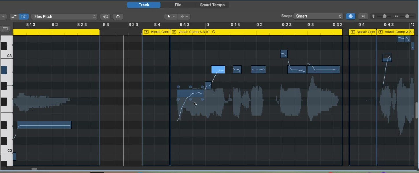課堂畫面:Logic Pro Flex Pitch 編輯器中的人聲音準線